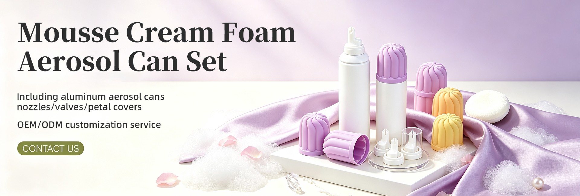 Mousse cream foam aerosol can set — aluminium aerosol cans with nozzles, valves and petal covers, OEM/ODM customization service