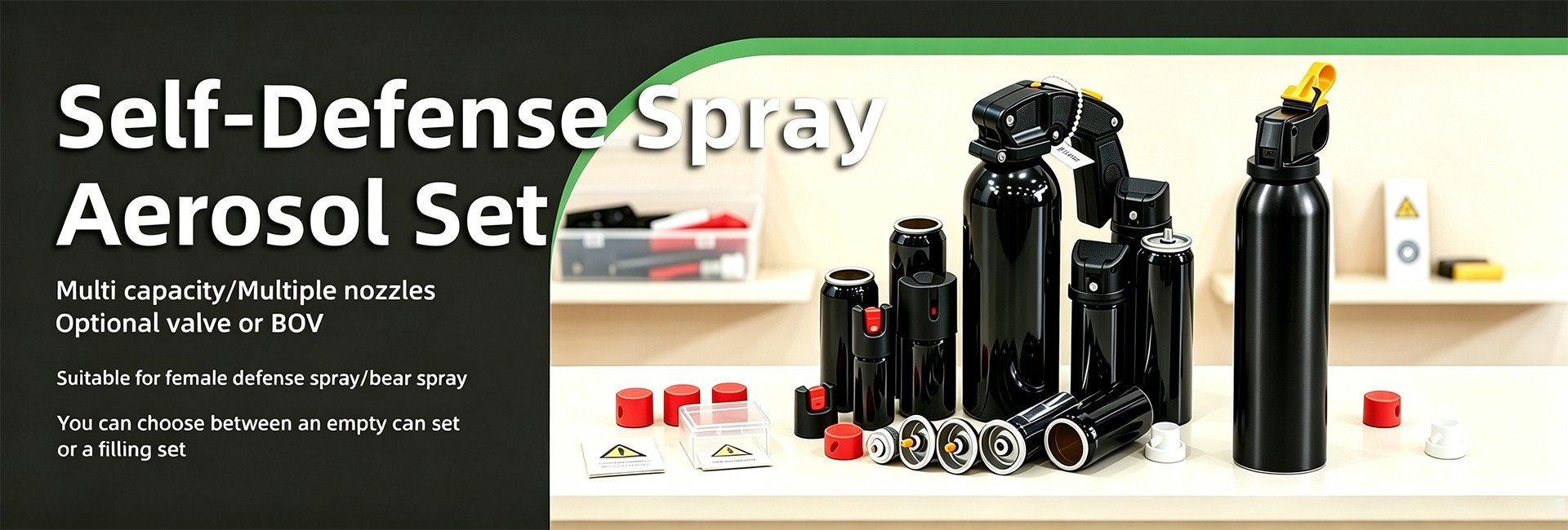 Self-defense spray aerosol set — multi capacity black aluminium canisters with multiple nozzles, optional valve or BOV