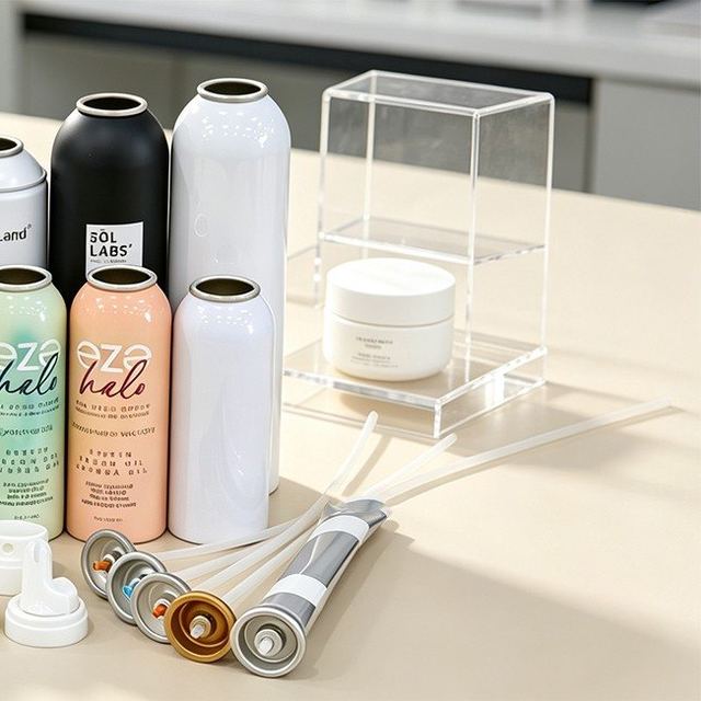 A group of aluminium aerosol cans in black, white and gradient finishes on a display table, with their valves and dip tubes laid out in front