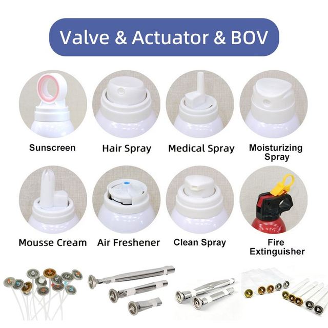 Chart of aerosol valve, actuator and bag-on-valve options, with actuator close-ups labelled for sunscreen, hair spray, mousse cream, air freshener and fire extinguisher cans, and a row of valve stems and bag-on-valve bags below