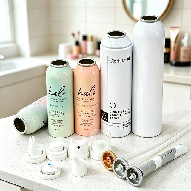 Cosmetic aerosol cans in gradient and gloss finishes on a bathroom counter, with assorted actuators, aerosol valves and dip tubes laid out in front