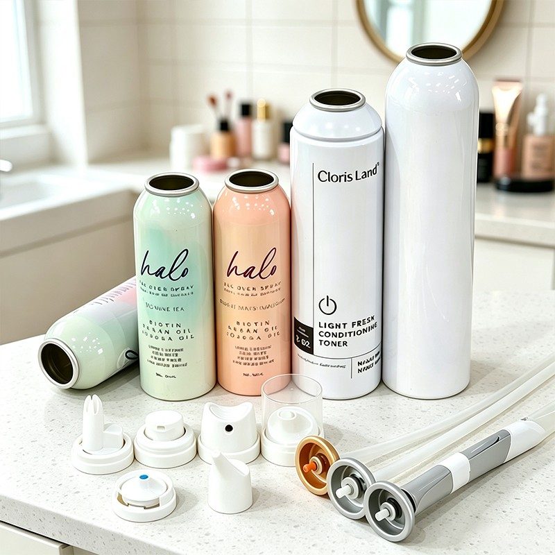Cosmetic aerosol cans in gradient and gloss finishes on a bathroom counter, with assorted actuators, aerosol valves and dip tubes laid out in front