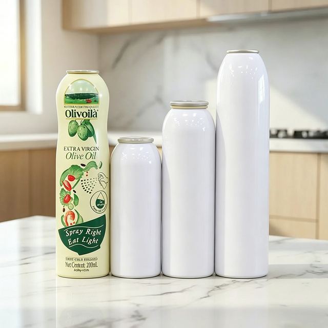 Printed 200 ml edible-oil spray can beside three blank white aluminium aerosol can bodies of different heights