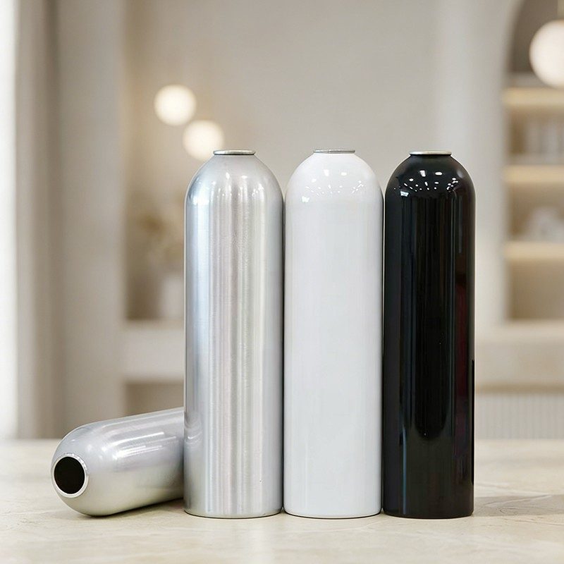 Four tall slim aluminium aerosol can bodies in plain silver, white and black, with the open neck visible on the can lying in front