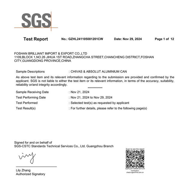 First page of SGS test report GZHL241105081201CW for aluminium can samples, dated 29 November 2024
