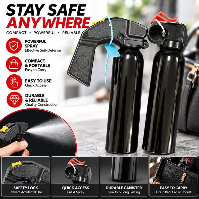 Self-defence spray can hardware: a straight trigger with the safety lock engaged, beside a quick-access push-button cap