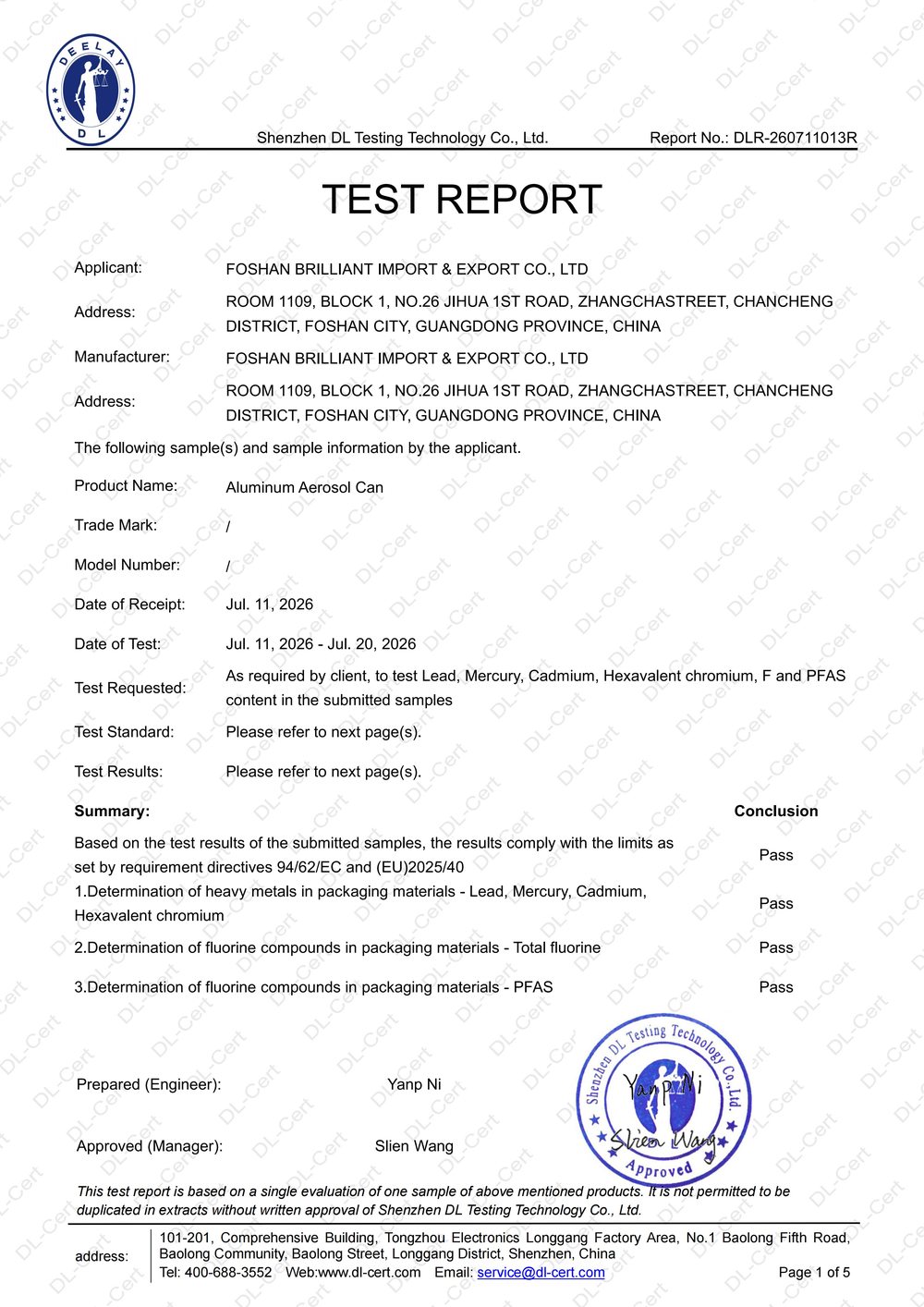 Heavy metals and PFAS test report for aluminium aerosol cans