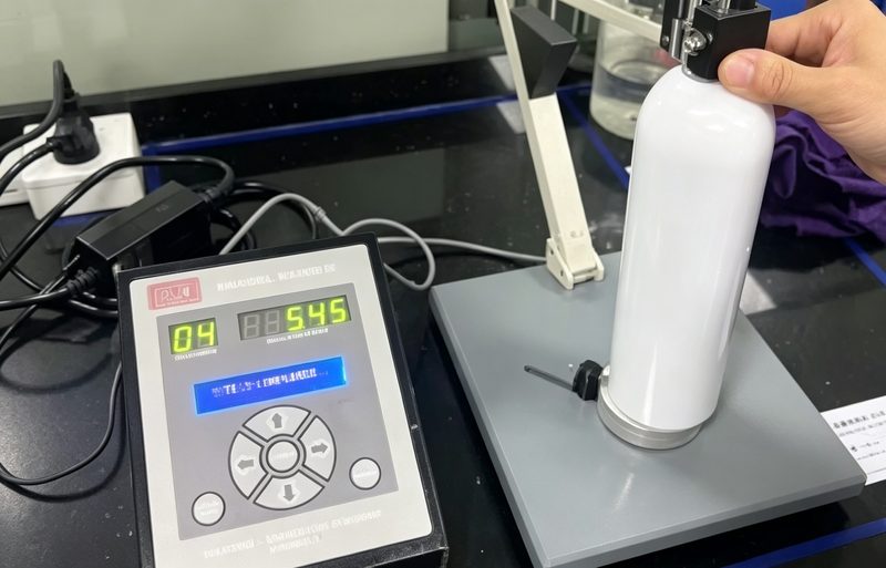 Digital readout test station with an aerosol can mounted on a fixture