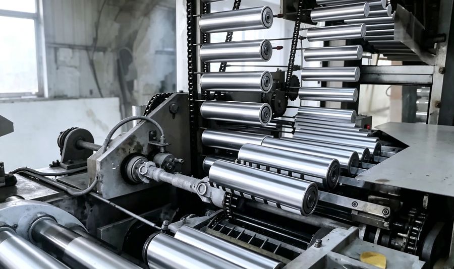 Chain drive section feeding cans to the next operation